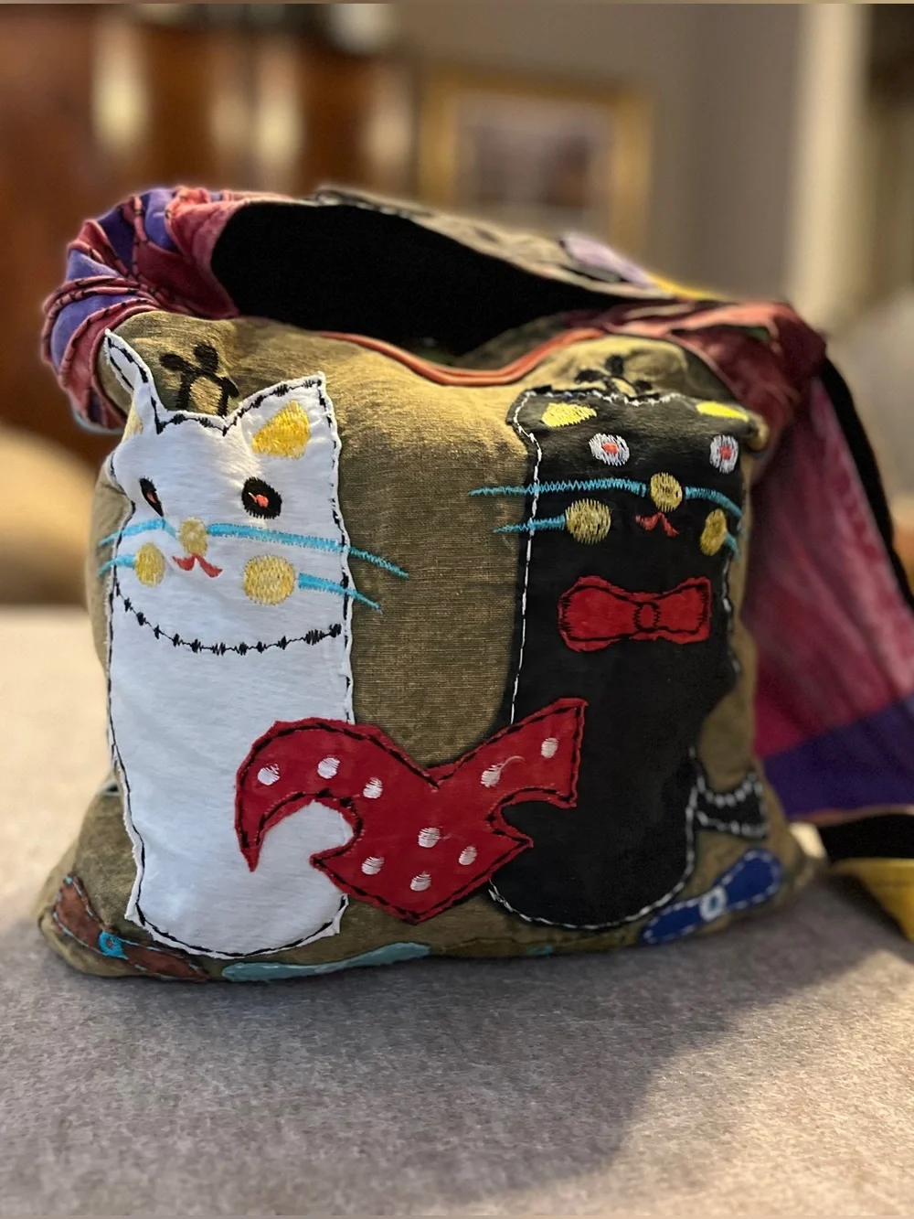 Embroidered Cat Patchwork Hobo Shoulder Bag Made in Nepal
